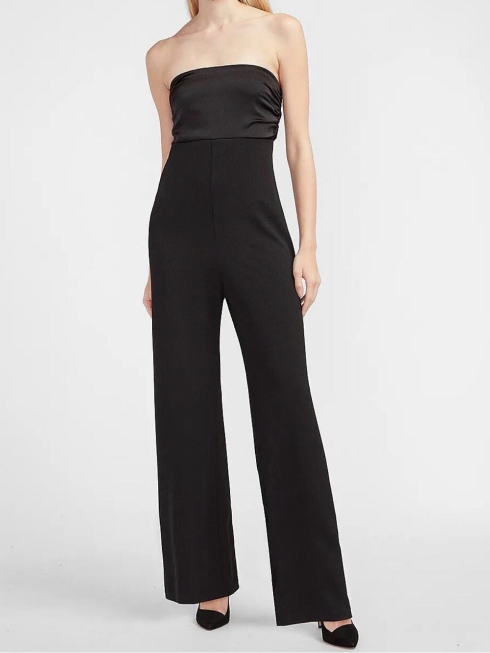 Express Black Jumpsuit | Strapless Satin with Bow Tie Back | Size Large Petite